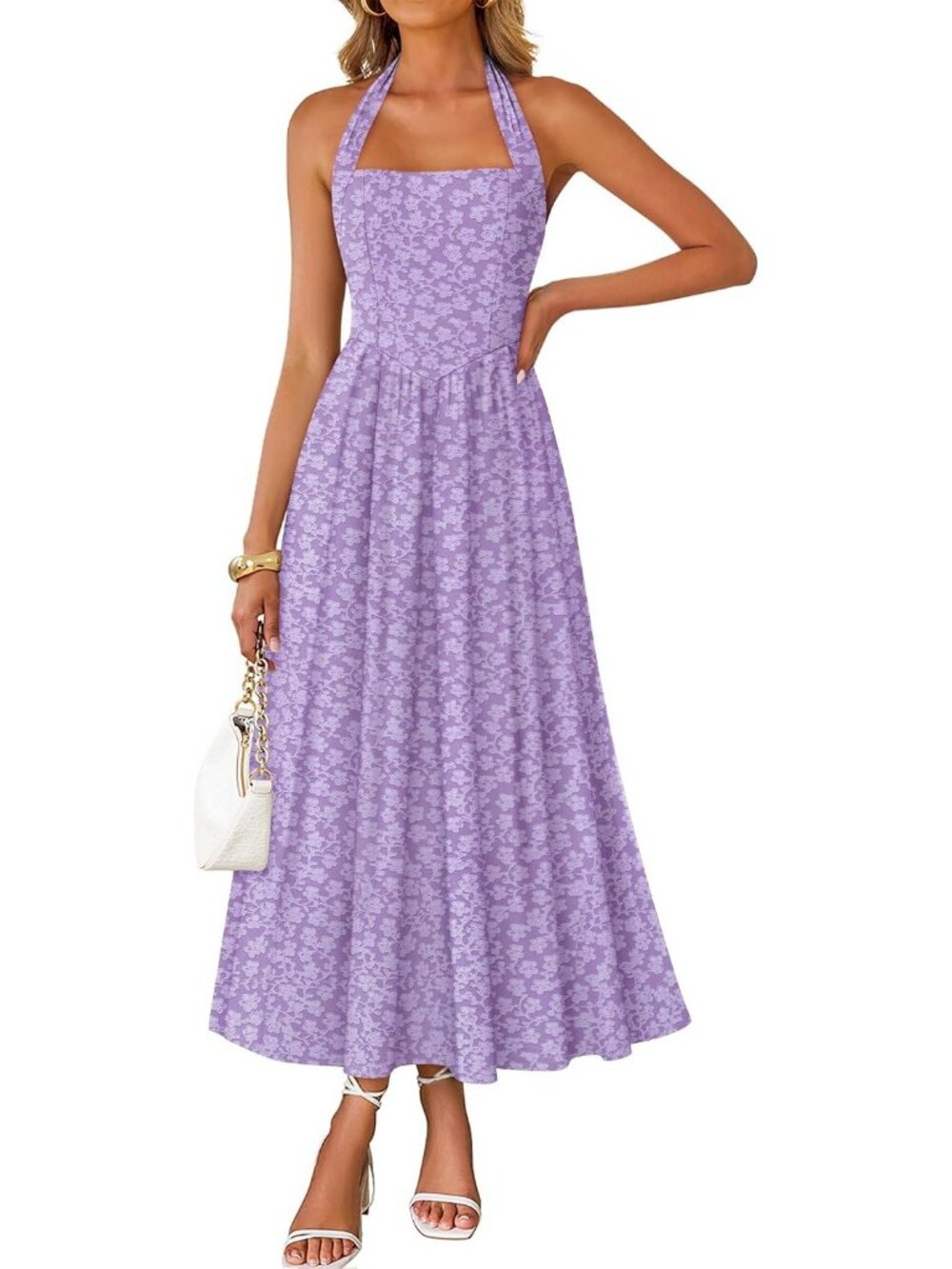 Women's Purple Floral Halter Maxi Sleeveless Flowy A-Line Formal Dress